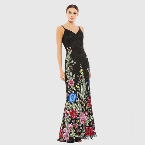 Mac Duggal 5475 NWT Floral Embellished Spaghetti Strap Gown - Picture 1 of 8